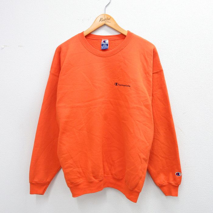 L★古着 チャンピオン champion 長袖 スウェット メンズ 90年代 90s ワンポイントロゴ クルーネック オレンジ 25sep06 中古 スエット トレーナー トップス