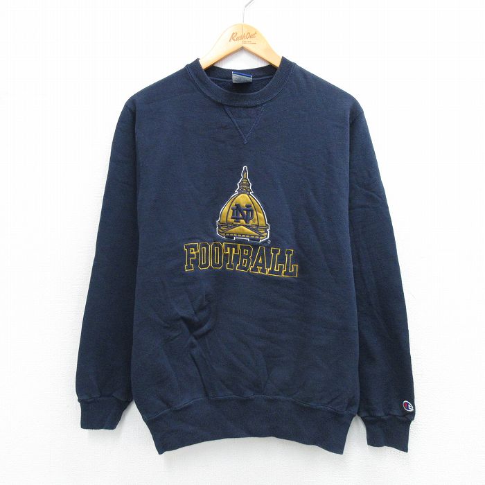 M★古着 チャンピオン champion 長袖 スウェット メンズ 90年代 90s ノートルダム フットボール クルーネック USA製 紺 ネイビー 【spe】 25sep06 中古 スエット トレーナー トップス