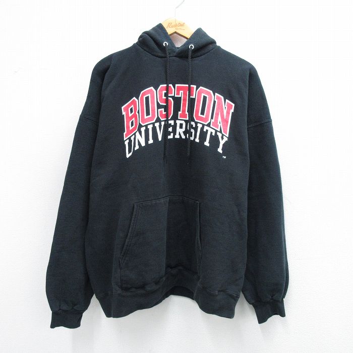 XL★古着 長袖 スウェット パーカー メンズ ボストン 大学 大きいサイズ 黒 ブラック 25sep06 中古 スエット トレーナー トップス