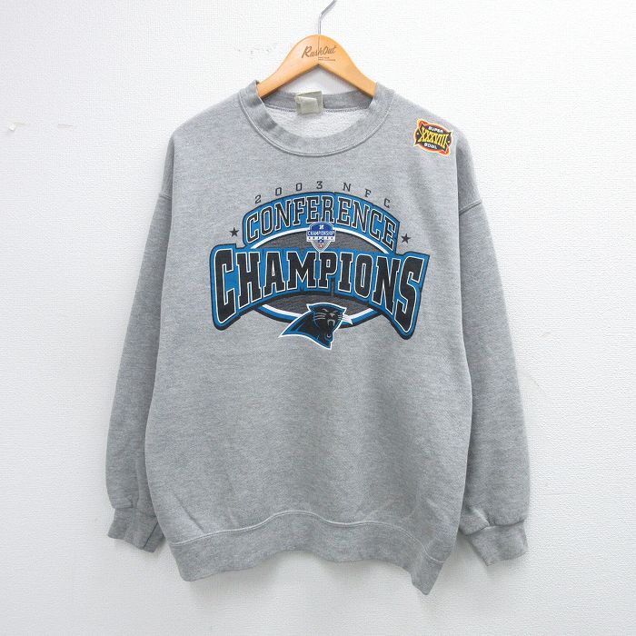 L★古着 リー Lee 長袖 スウェット メンズ 00年代 00s NFL カロライナパンサーズ クルーネック グレー 霜降り アメフト スーパーボウル 25sep06 中古 スエット トレーナー トップス