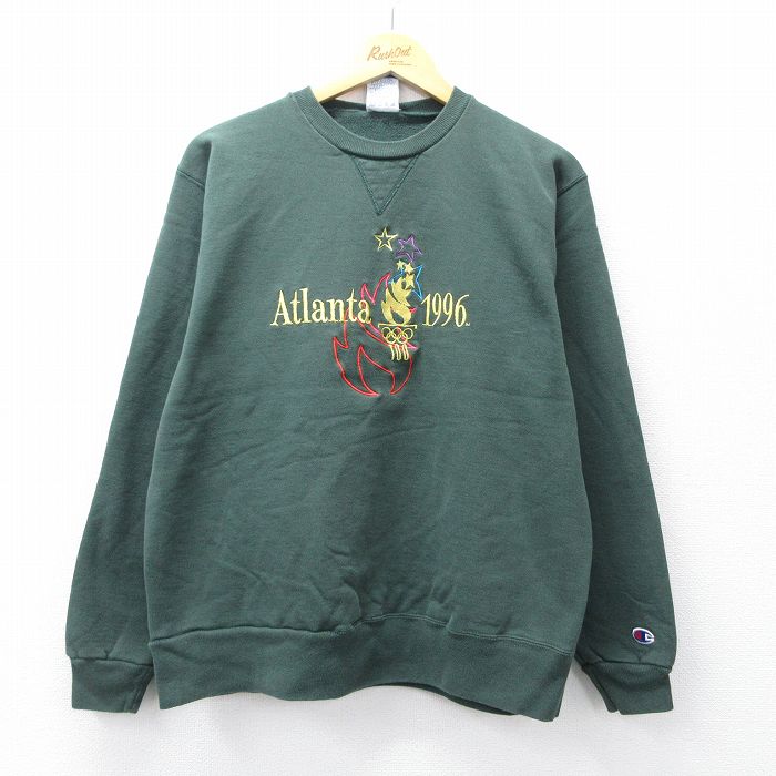 L★古着 チャンピオン champion 長袖 スウェット メンズ 90年代 90s アトランタ オリンピック 刺繍 クルーネック 緑 グリーン 【spe】 25sep06 中古 スエット トレーナー トップス