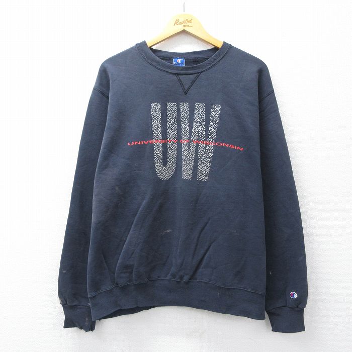 XL★古着 チャンピオン champion 長袖 スウェット メンズ 90年代 90s ウィスコンシン 大学 クルーネック USA製 黒 ブラック 【spe】 25sep06 中古 スエット トレーナー トップス