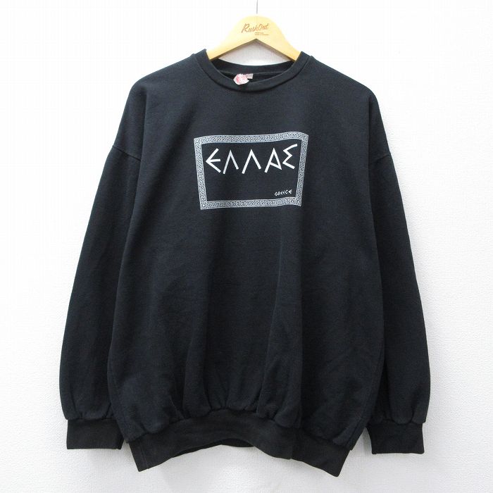 XL★古着 長袖 スウェット メンズ 90年代 90s エラス コットン クルーネック 黒 ブラック 25sep06 中古 スエット トレーナー トップス