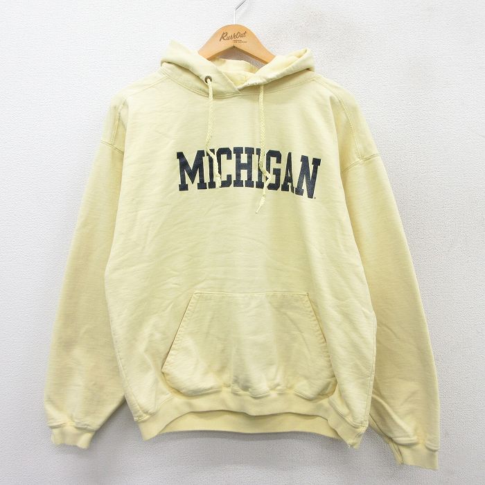 L★古着 長袖 スウェット パーカー メンズ 90年代 90s ミシガン USA製 薄黄 イエロー 25sep08 中古 スエット トレーナー トップス
