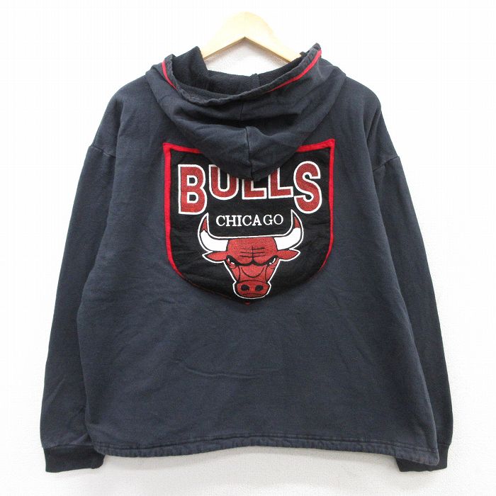 XL★古着 長袖 スウェット パーカー メンズ 90年代 90s NBA シカゴブルズ USA製 黒他 ブラック バスケットボール 【spe】 25sep08 中古 スエット トレーナー トップス