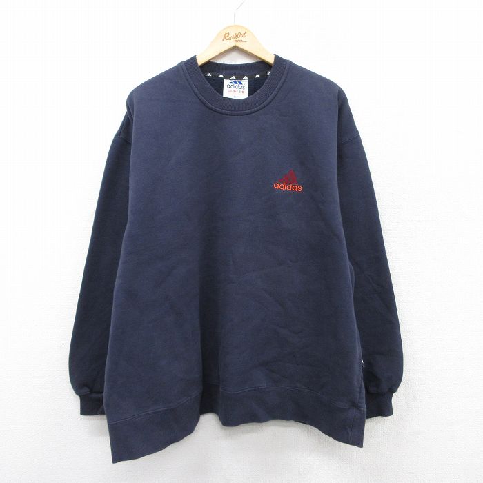 XL★古着 アディダス adidas 長袖 スウェット メンズ 90年代 90s ワンポイントロゴ 大きいサイズ クルーネック 紺 ネイビー 【spe】 25sep08 中古 スエット トレーナー トップス
