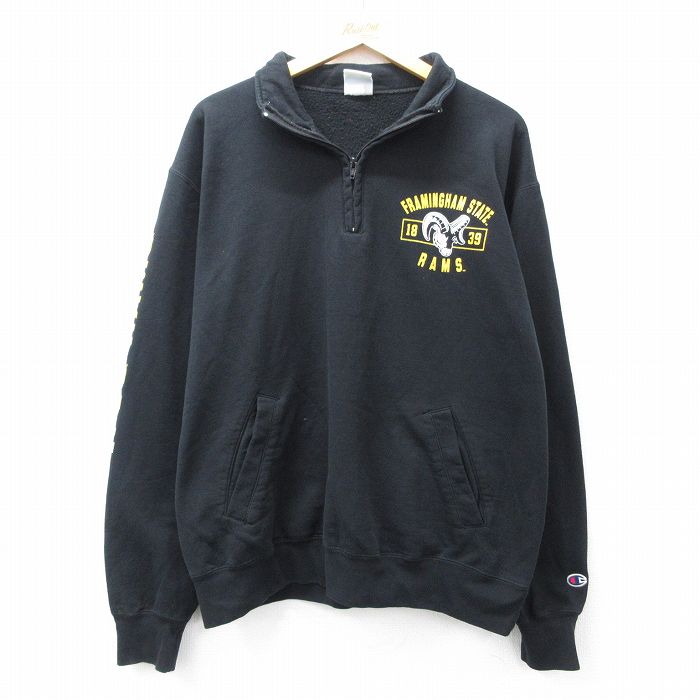 XL★古着 チャンピオン champion 長袖 ハーフジップ スウェット メンズ FRAMINGHAM 大きいサイズ 黒 ブラック 25sep08 中古 スエット トレーナー トップス