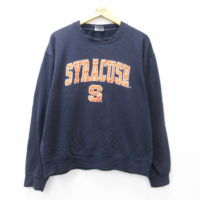 XL★古着 長袖 スウェット メンズ シラキュース 大きいサイズ クルーネック 紺 ネイビー 25sep08 中古 スエット トレーナー トップス