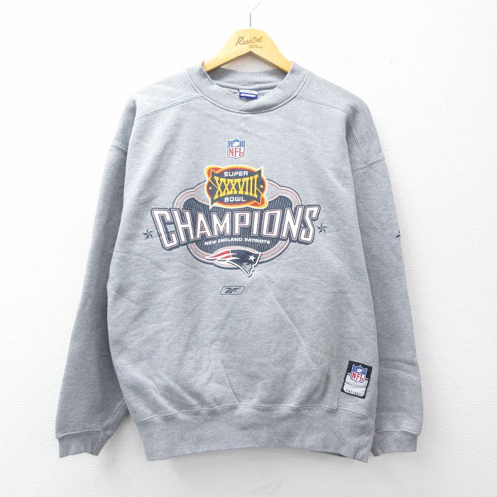 XL★古着 リーボック REEBOK 長袖 スウェット メンズ 00年代 00s NFL ニューイングランドペイトリオッツ クルーネック グレー 霜降り アメフト スーパーボウル 【spe】 25sep08 中古 スエット トレーナー トップス