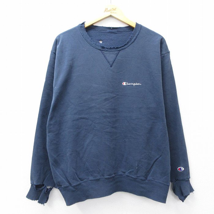 XL★古着 チャンピオン champion 長袖 スウェット メンズ ワンポイントロゴ ボロ クルーネック 紺 ネイビー 25sep08 中古 スエット トレーナー トップス