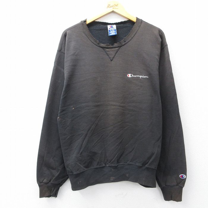 XL★古着 チャンピオン champion 長袖 スウェット メンズ 90年代 90s ワンポイントロゴ ボロ 大きいサイズ クルーネック 黒 ブラック 【spe】 25sep08 中古 スエット トレーナー トップス