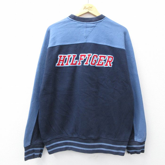 XL★古着 トミーヒルフィガー TOMMY HILFIGER 長袖 ブランド スウェット メンズ 90年代 90s ビッグロゴ ツートンカラー 大きいサイズ クルーネック 紺他 ネイビー 25sep08 中古 スエット トレーナー トップス