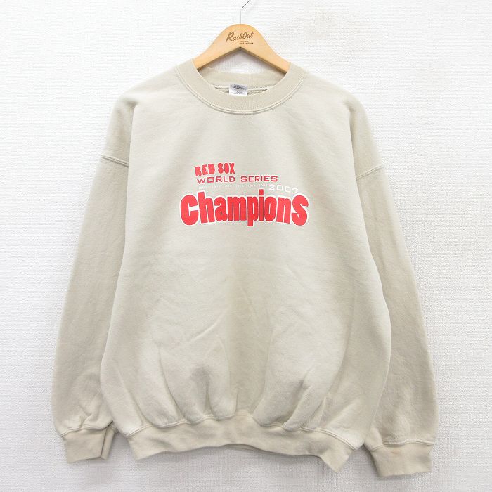 L★古着 長袖 スウェット メンズ 00年代 00s MLB ボストンレッドソックス クルーネック ベージュ カーキ メジャーリーグ ベースボール 野球 25sep09 中古 スエット トレーナー トップス
