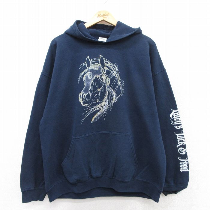XL★古着 長袖 スウェット パーカー メンズ 馬 紺 ネイビー 25sep09 中古 スエット トレーナー トップス