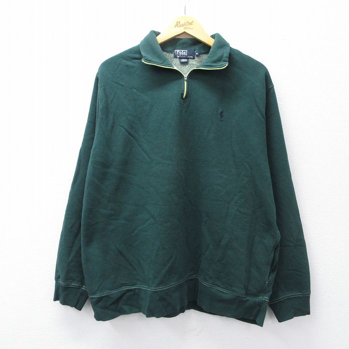 XL★古着 ラルフローレン Ralph Lauren 長袖 ブランド ハーフジップ スウェット メンズ 90年代 90s ワンポイントロゴ 緑 グリーン 25sep09 中古 スエット トレーナー トップス