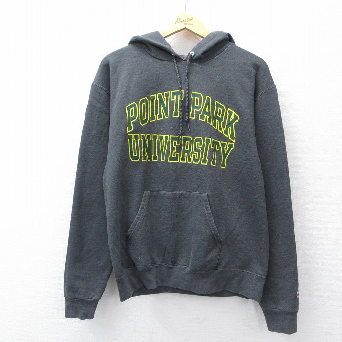 M★古着 チャンピオン champion 長袖 スウェット パーカー メンズ POINT PARK 濃グレー 霜降り 25sep09 中古 スエット トレーナー トップス