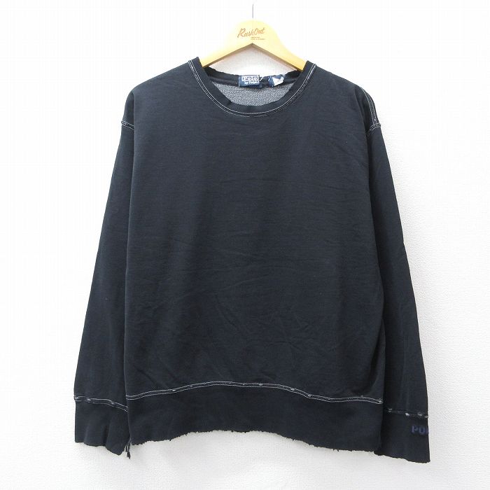 XL★古着 ラルフローレン Ralph Lauren 長袖 ブランド スウェット メンズ 90年代 90s 無地 ボロ クルーネック 黒 ブラック 【spe】 25sep09 中古 スエット トレーナー トップス