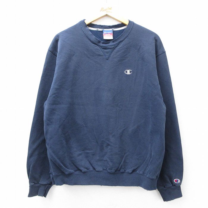 L★古着 チャンピオン champion 長袖 スウェット メンズ 00年代 00s ワンポイントロゴ クルーネック 紺 ネイビー 25sep10 中古 スエット トレーナー トップス