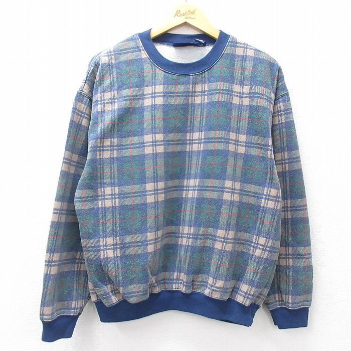 L★古着 長袖 スウェット メンズ 00年代 00s クルーネック 紺他 ネイビー チェック 25sep10 中古 スエット トレーナー トップス