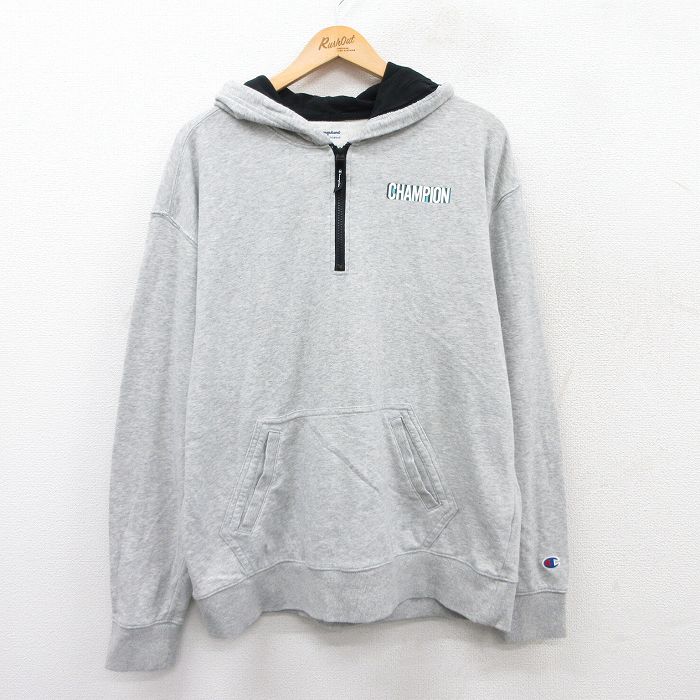 XL★古着 チャンピオン Champion 長袖 ハーフジップ スウェット パーカー メンズ ワンポイントロゴ グレー 霜降り 25sep10 中古 スエット トレーナー トップス
