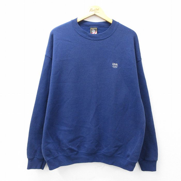 XL★古着 長袖 スウェット メンズ 90年代 90s オリンピック 大きいサイズ クルーネック USA製 紺 ネイビー 25sep11 中古 スエット トレーナー トップス