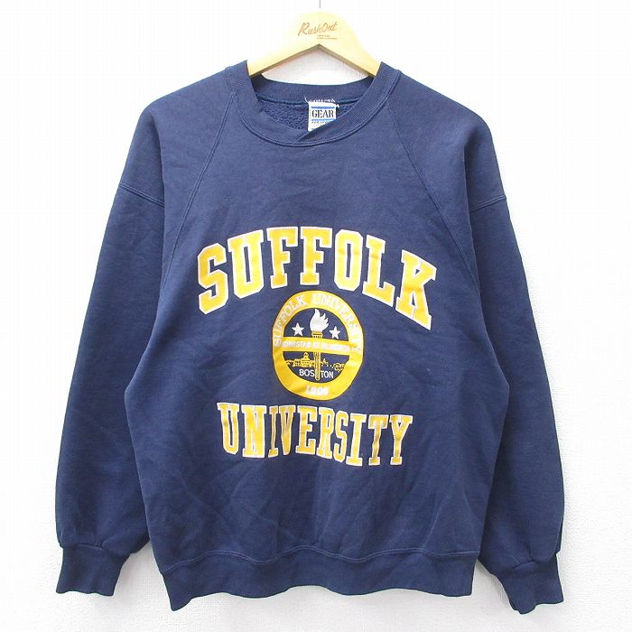 M★古着 長袖 スウェット メンズ 90年代 90s SUFFOLK カレッジ ラグラン クルーネック USA製 紺 ネイビー 25sep11 中古 スエット トレーナー トップス