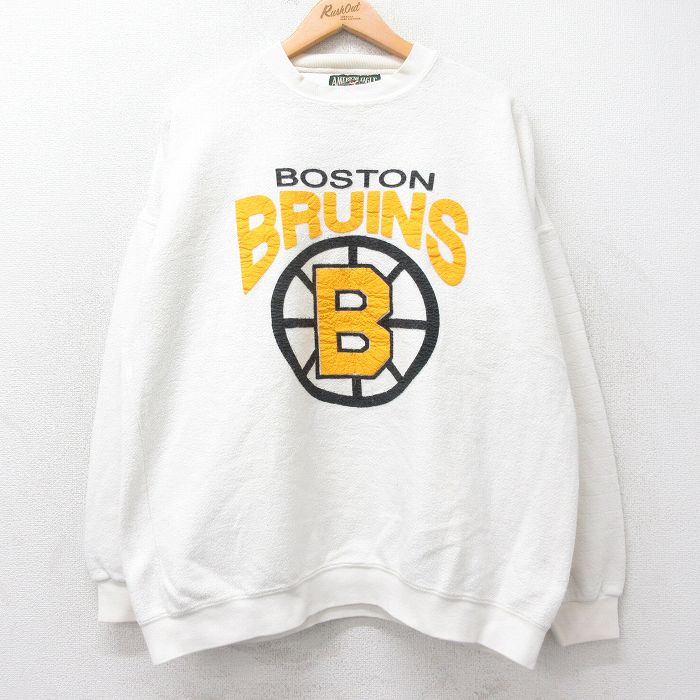 XL★古着 アメリカンイーグル American Eagle 長袖 スウェット メンズ 90年代 90s NHL ボストンブルーインズ 表起毛 大きいサイズ クルーネック USA製 生成り アイスホッケー 【spe】 25sep11 中古 スエット トレーナー トップス