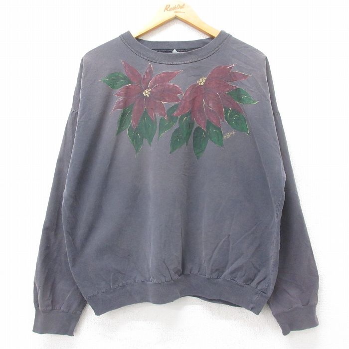 XL★古着 長袖 トップス メンズ 90年代 90s 花 ハンドペイント コットン クルーネック USA製 濃グレー 25sep12 中古 スエット トレーナー