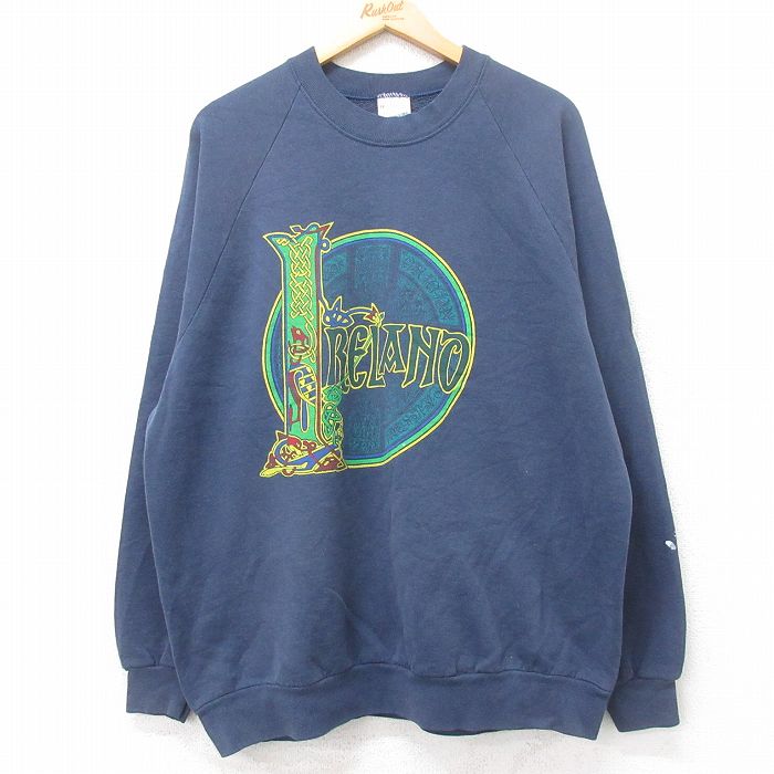 XL★古着 スクリーンスターズ 長袖 スウェット メンズ 90年代 90s アイルランド ラグラン 大きいサイズ クルーネック アイルランド製 紺 ネイビー 25sep12 中古 スエット トレーナー トップス