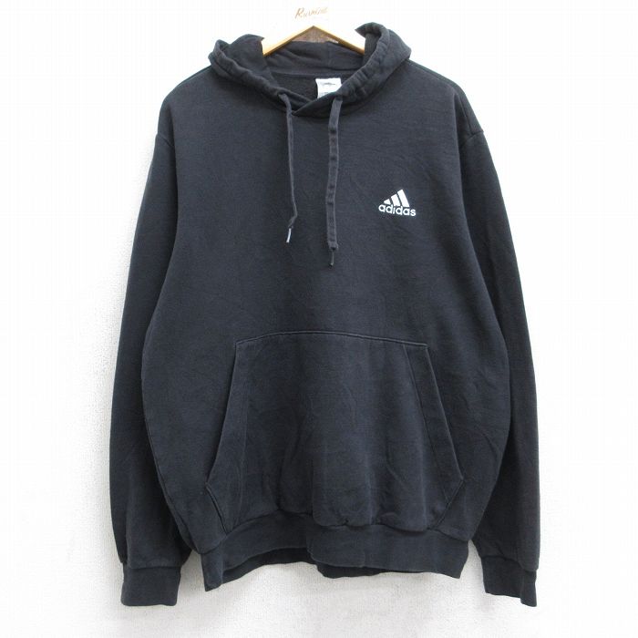 XL★古着 アディダス adidas 長袖 スウェット パーカー メンズ ワンポイントロゴ 黒 ブラック 25sep12 中古 スエット トレーナー トップス