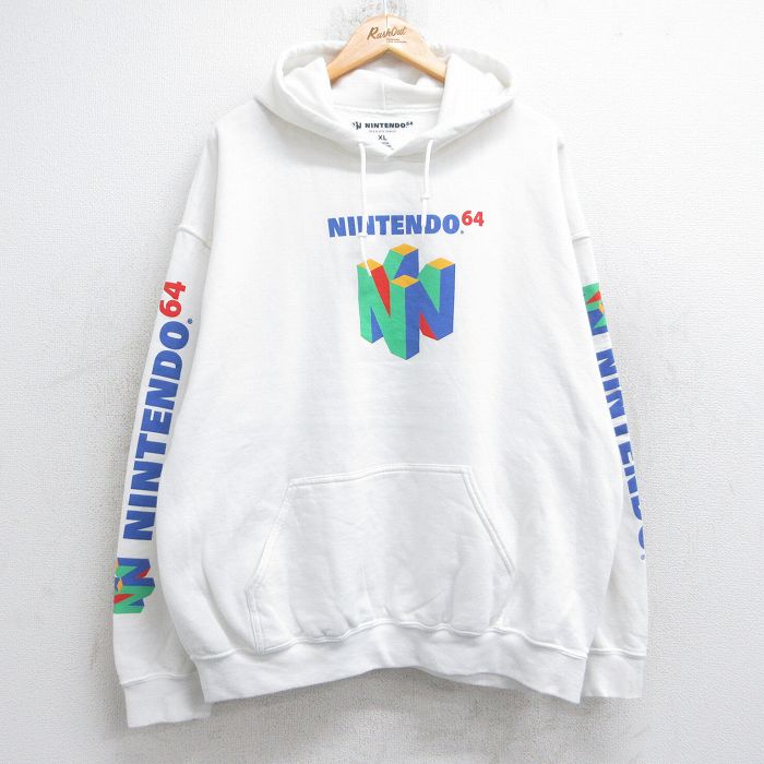XL★古着 長袖 スウェット パーカー メンズ ニンテンドー 64 大きいサイズ 白 ホワイト 25sep12 中古 スエット トレーナー トップス