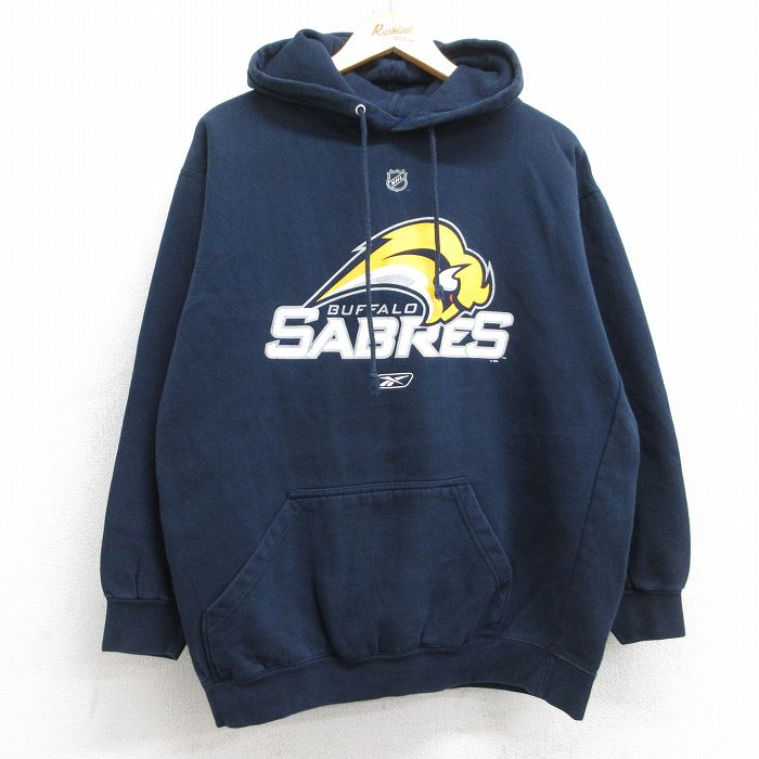 【20%OFF】L★古着 リーボック REEBOK 長袖 スウェット パーカー メンズ NHL バッファローセイバーズ 紺 ネイビー アイスホッケー 25sep12 中古 スエット トレーナー トップス