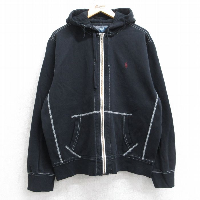 XL★古着 ラルフローレン Ralph Lauren 長袖 ブランド スウェット フルジップ パーカー メンズ 90年代 90s ワンポイントロゴ 黒 ブラック 【spe】 25sep12 中古 スエット トレーナー トップス