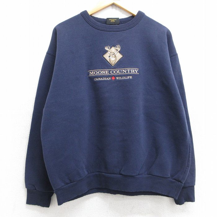 カナダ製 90s 長袖スウェット シカ刺繍 ネイビー XL | 古着