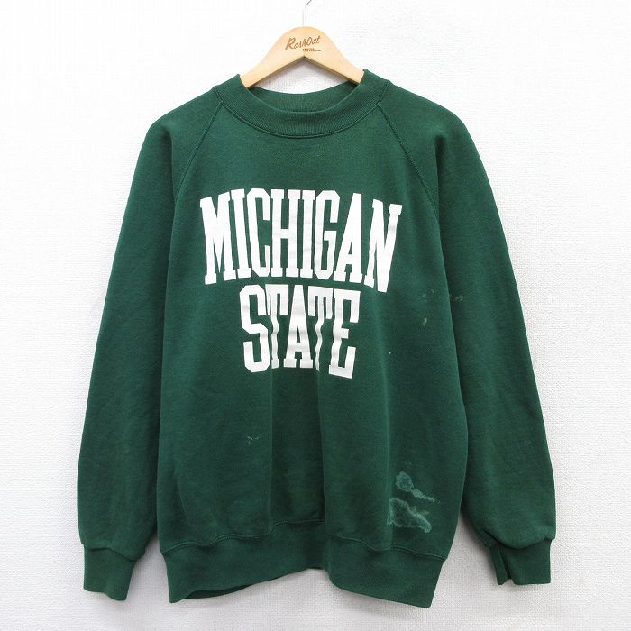 L★古着 長袖 スウェット メンズ 80年代 80s ミシガン ラグラン クルーネック USA製 緑 グリーン 25sep13 中古 スエット トレーナー トップス