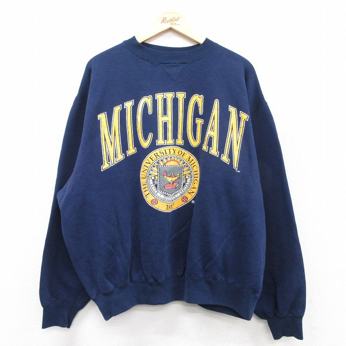 XL★古着 長袖 スウェット メンズ 90年代 90s ミシガン カレッジ 大きいサイズ クルーネック 紺 ネイビー 【spe】 25sep13 中古 スエット トレーナー トップス