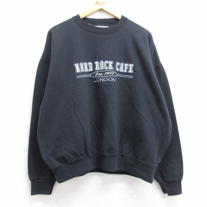 XL★古着 長袖 スウェット メンズ ハードロックカフェ ロンドン 大きいサイズ クルーネック 黒 ブラック 25sep13 中古 スエット トレーナー トップス