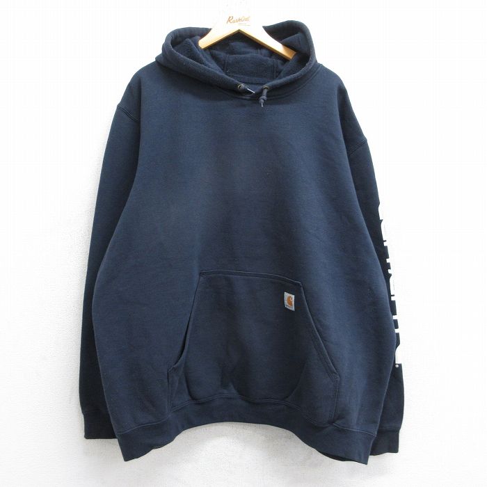 XL★古着 カーハート Carhartt 長袖 スウェット パーカー メンズ ビッグロゴ 大きいサイズ 濃紺 ネイビー 25sep16 中古 スエット トレーナー トップス