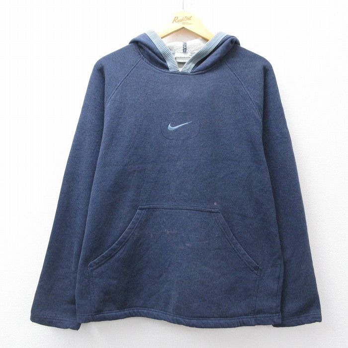 L★古着 ナイキ NIKE 長袖 スウェット パーカー メンズ 00年代 00s ビッグロゴ 刺繍 ラグラン 紺 ネイビー 25sep16 中古 スエット トレーナー トップス