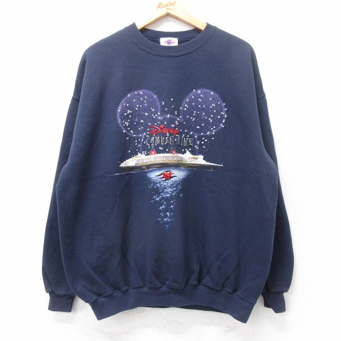 XL★古着 長袖 スウェット メンズ 00年代 00s ディズニー DISNEY CRUISE LINE ビーズ クルーネック 紺 ネイビー 25sep16 中古 スエット トレーナー トップス