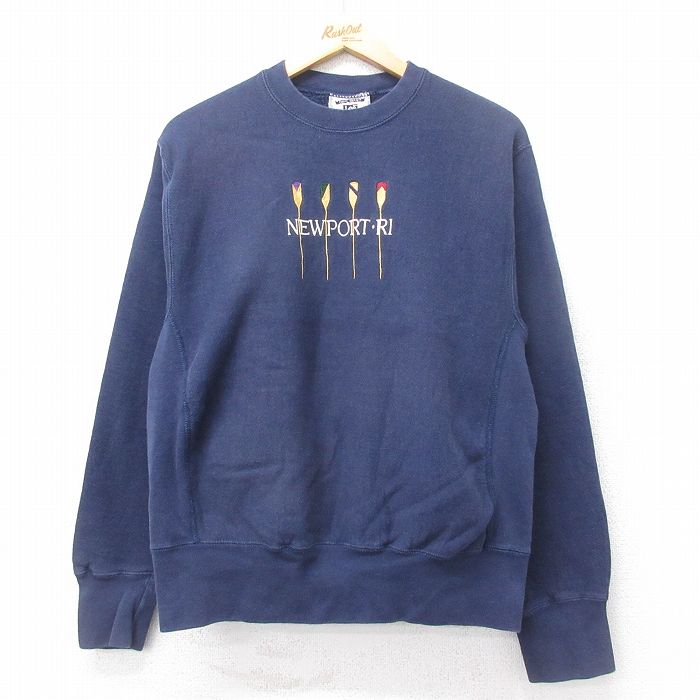 M★古着 リー Lee 長袖 スウェット メンズ 90年代 90s NEWPORT 刺繍 クルーネック USA製 紺 ネイビー 25sep16 中古 スエット トレーナー トップス