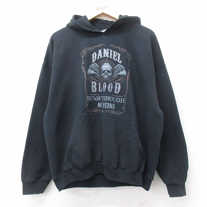 XL★古着 長袖 スウェット パーカー メンズ 00年代 00s スカル DANIEL BLOOD 黒 ブラック 25sep16 中古 スエット トレーナー トップス