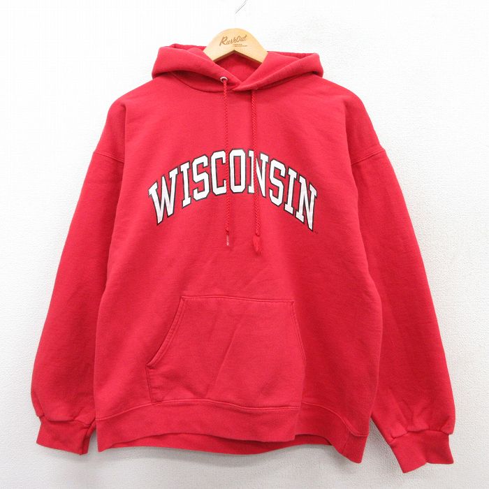 L★古着 ヘインズ Hanes 長袖 スウェット パーカー メンズ 00年代 00s WISCONSIN 赤 レッド 25sep16 中古 スエット トレーナー トップス