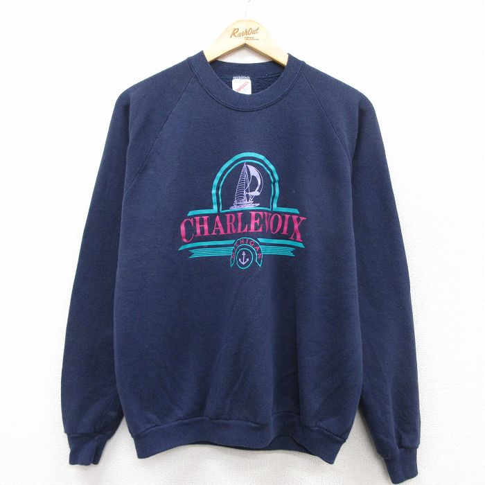 M★古着 ジャージーズ 長袖 スウェット メンズ 80年代 80s CHARLEVOIX ラグラン クルーネック USA製 紺 ネイビー 25sep16 中古 スエット トレーナー トップス
