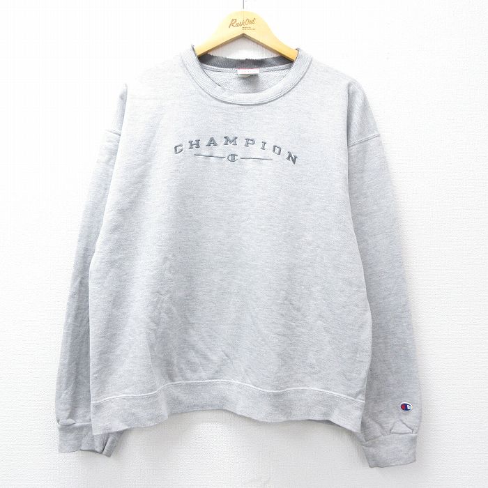 XL★古着 チャンピオン champion 長袖 スウェット メンズ 00年代 00s ビッグロゴ 刺繍 クルーネック グレー 霜降り 25sep17 中古 スエット トレーナー トップス