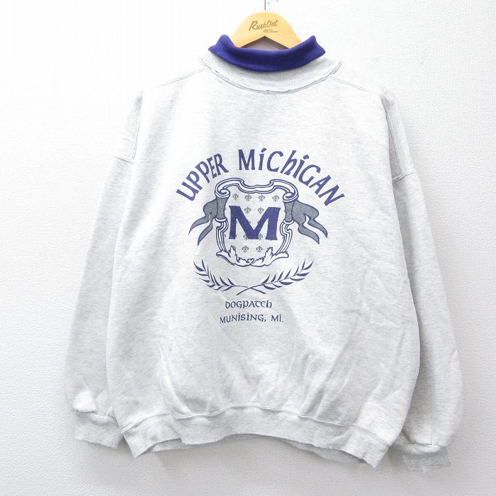 XL★古着 長袖 スウェット メンズ 90年代 90s ミシガン タートルネック ハイネック USA製 薄グレー 霜降り他 25sep17 中古 スエット トレーナー トップス