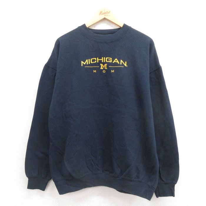 XL★古着 長袖 スウェット メンズ 00年代 00s ミシガン 刺繍 大きいサイズ クルーネック 紺 ネイビー 25sep17 中古 スエット トレーナー トップス