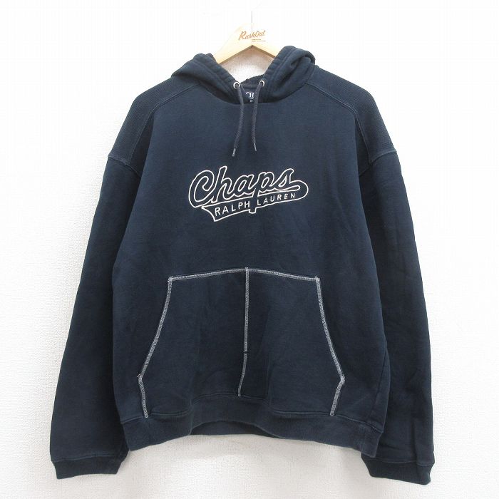 L★古着 ラルフローレン Ralph Lauren チャップス 長袖 ブランド スウェット パーカー メンズ 90年代 90s ビッグロゴ 刺繍 紺 ネイビー 【spe】 25sep17 中古 スエット トレーナー トップス