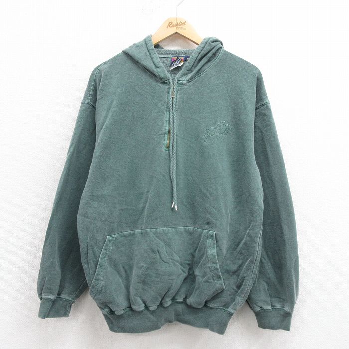 XL★古着 長袖 ハーフジップ スウェット パーカー メンズ 00年代 00s 馬 コットン カナダ製 緑 グリーン 25sep17 中古 スエット トレーナー トップス