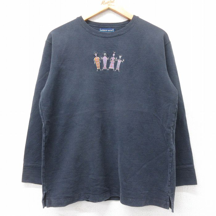 【20%OFF】M★古着 長袖 スウェット メンズ 90年代 90s 壁画 刺繍 コットン クルーネック カナダ製 黒 ブラック 25sep17 中古 スエット トレーナー トップス
